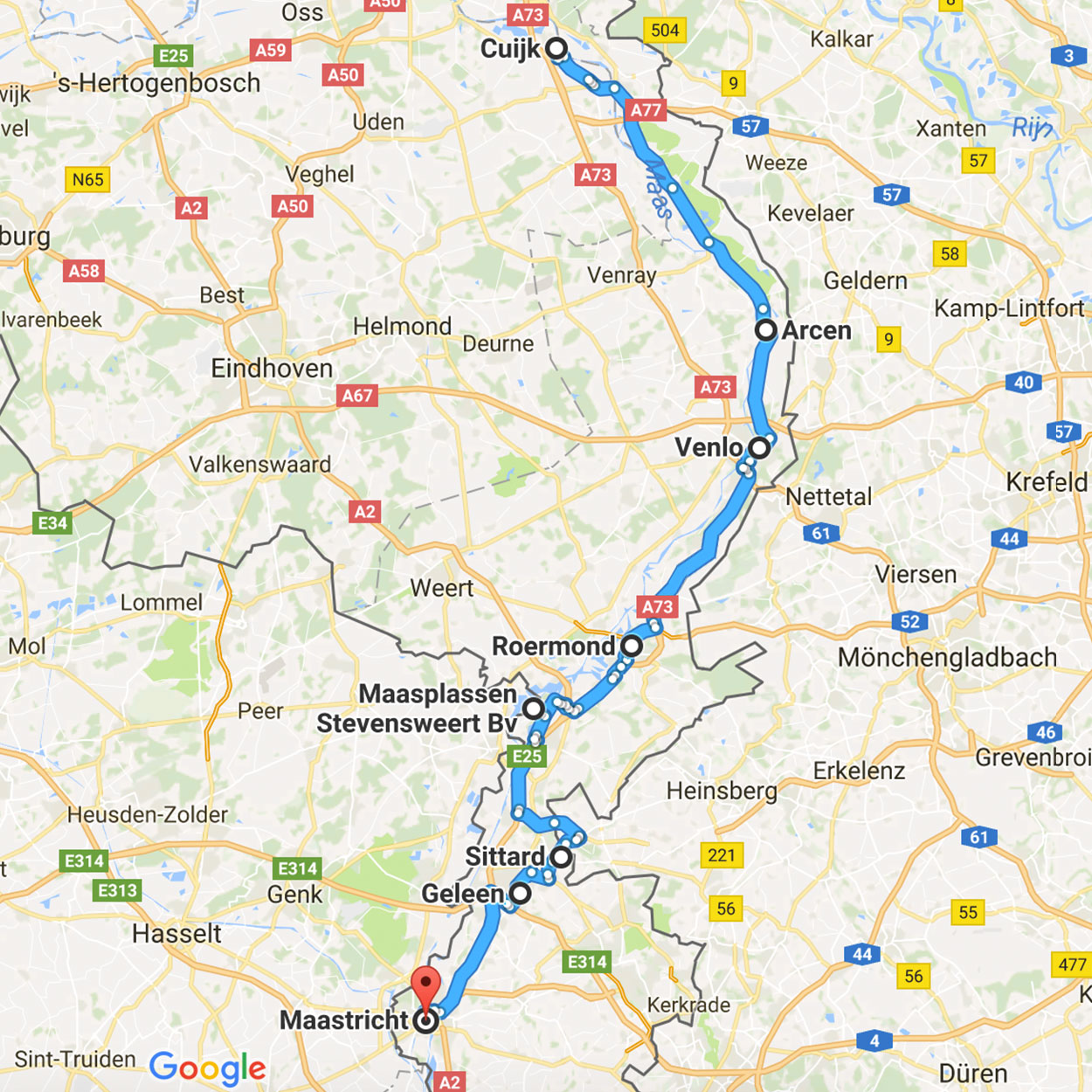 Vaarroute van Noord- naar Zuid-Limburg
